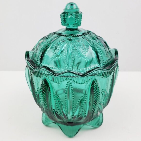 Fenton Candy Jar Vintage Spruce Green Cactus Art Glass Lidded 1995 Holidays 6+" - Picture 10 of 14
